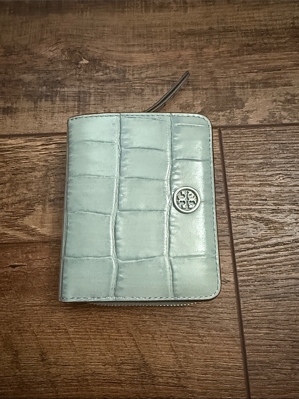 NWOT Tory Burch Croc-Embossed Zip Wallet in Light Aqua